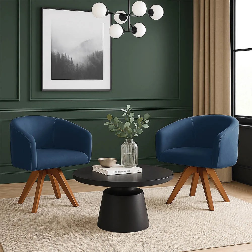 Poltrona Sala Base Giratória Madeira Kit 2 Arielle Suede Azul Marinho D03 - D'Rossi