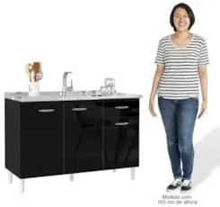 Balcão de Cozinha com Pia Inox 120cm 3 Portas Classic Z46 Preto - Mpoz