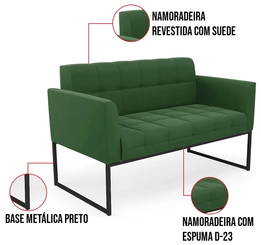 Kit 1 Sofá Namoradeira e 2 Poltronas Elisa Suede Verde Base Metálica Industrial Preto D03 - D'Rossi