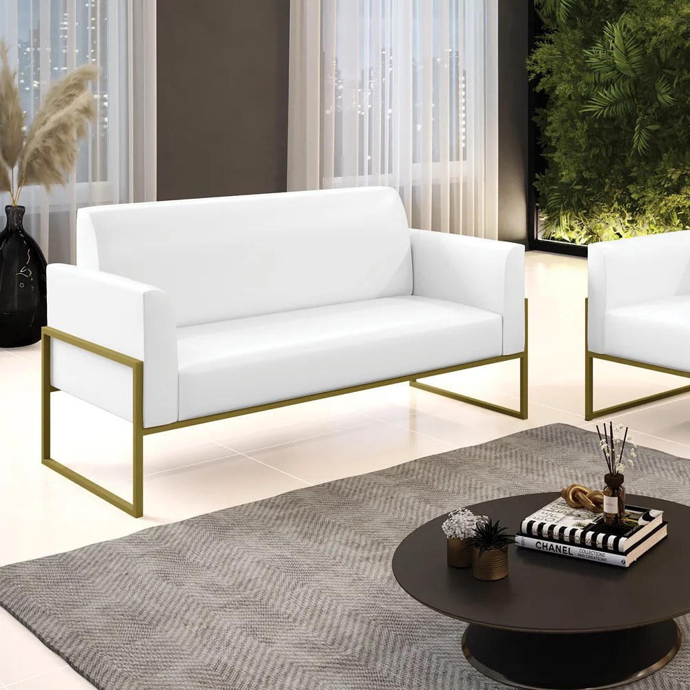 Sofá Namoradeira Base Industrial Alta Dourado Marisa Corano D03 - D'Rossi - Branco