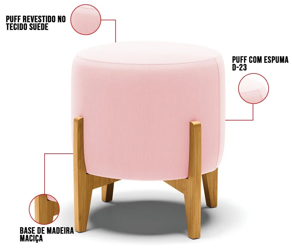 Puff Stella Suede Base Madeira Castanho - D'Rossi - Rosa Bebê