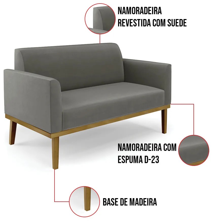Sofá 2 Lugares Namoradeira Marisa Base Madeira Castanho Suede D03 - D'Rossi - Grafite