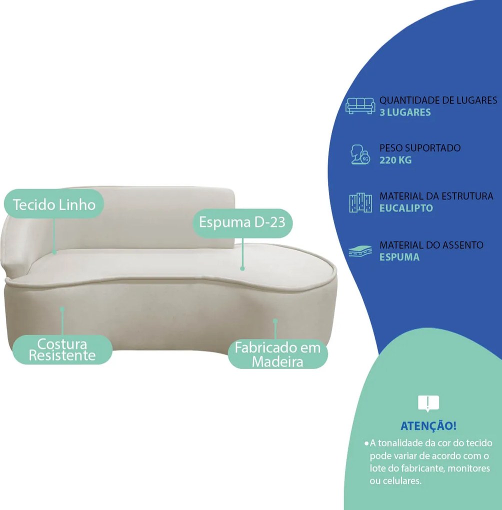 Divã Recamier Curvo Sala de Estar Recepção Marrocos 180cm Lado Direito Linho