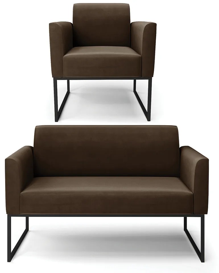 Sofá Namoradeira com Poltrona Base Industrial Preto Marisa Suede Marrom D03 - D'Rossi