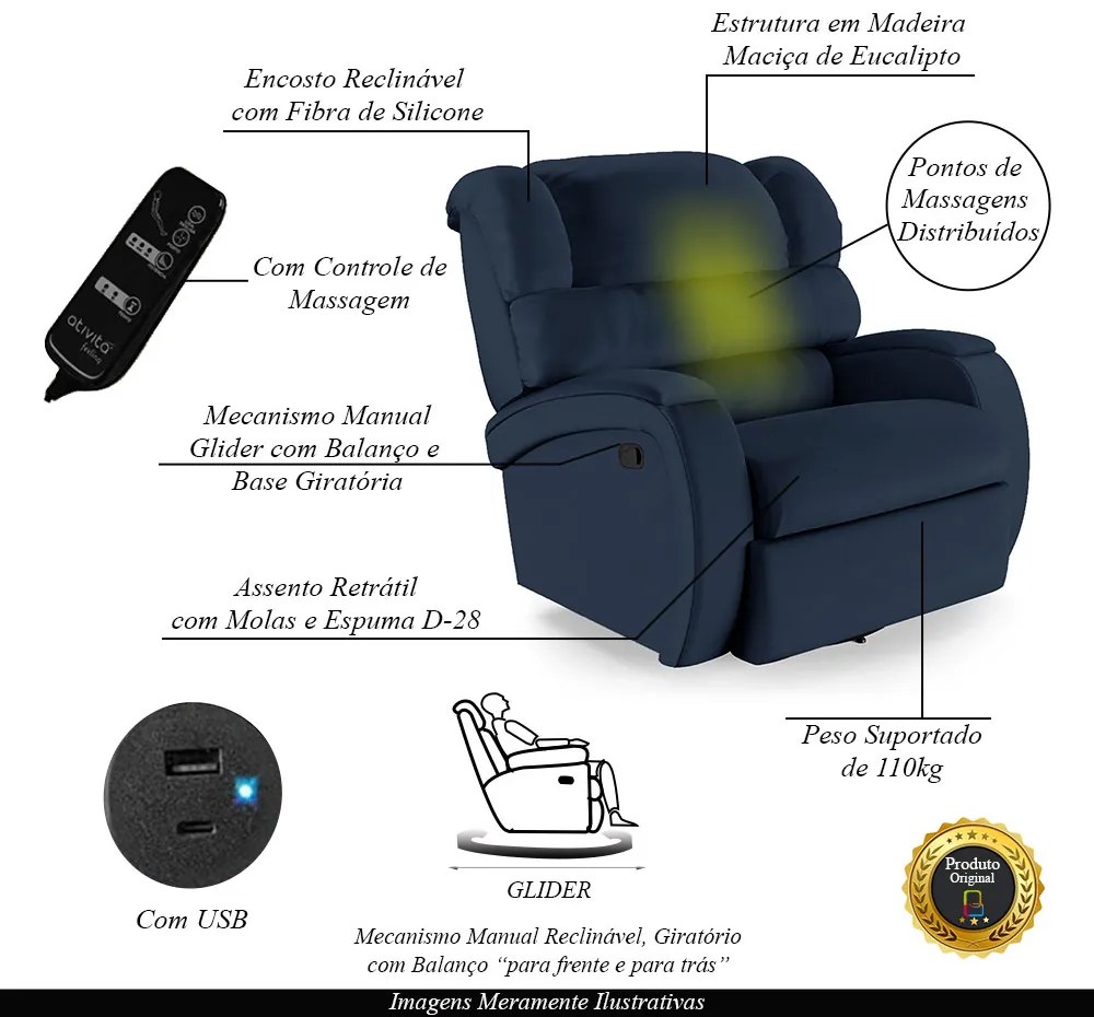 Poltrona do Papai Sala de Cinema Reclinável Kylie Glider Manual Giratória Massagem USB PU Azul G23