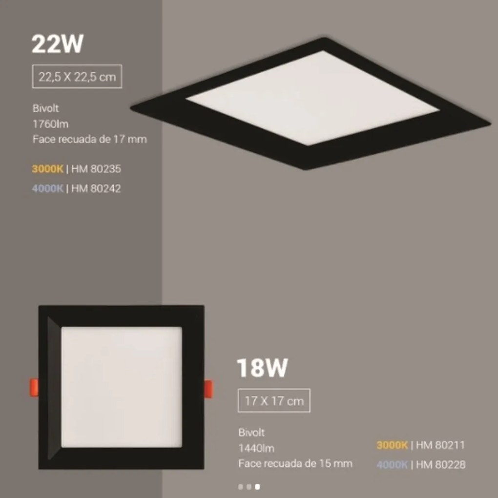 Embutido Quadrado Recuado 17X17Cm Led 18W 4000K Bivolt - Preto / Downl...