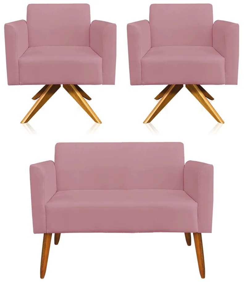 Kit 01 Namoradeira 02 Lugares e 02 Poltronas Marisa Suede Base Giratória Madeira MA30 D'Rossi - Rose