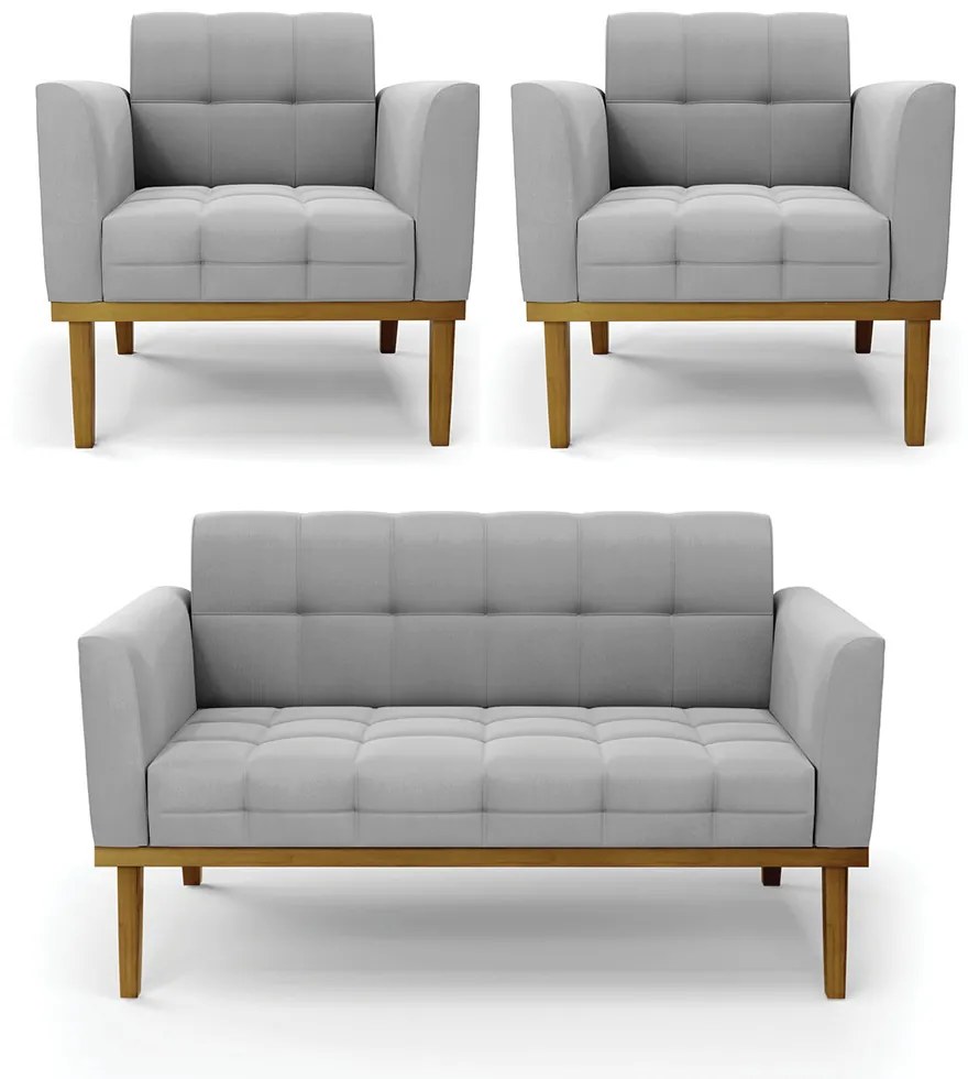 Namoradeira com 2 Poltronas Base de Madeira Castanho Elisa Suede D03 - D'Rossi - Cinza