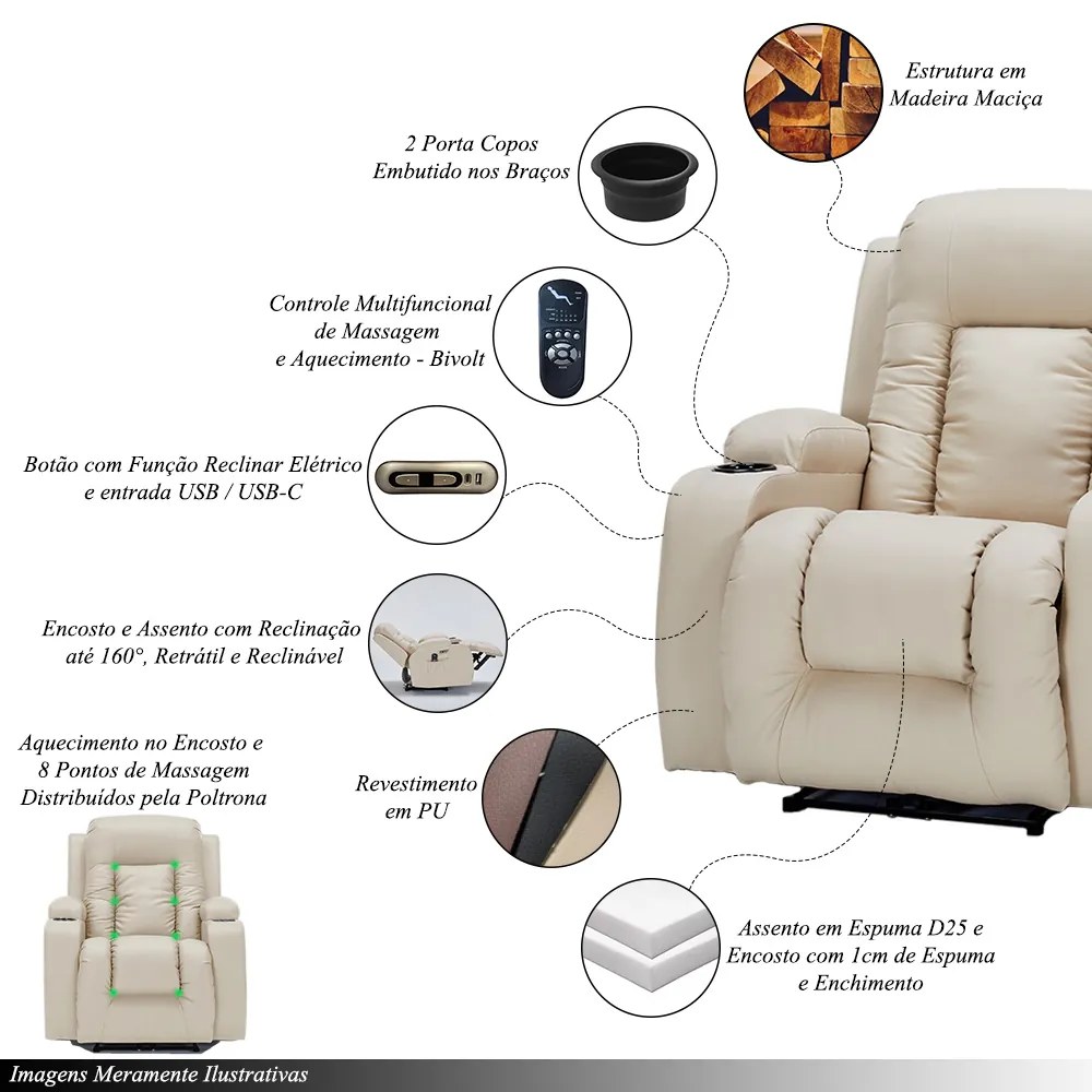Cadeira Poltrona do Papai Elétrica Reclinável Austin Massagem e Aquecimento com Porta Copos Entrada USB/USB-C PU Bege G94 - Gran Belo