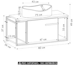 Gabinete Banheiro Suspenso 80cm Cuba Oval Ripy Branco/Preto Z54 - Mpoz