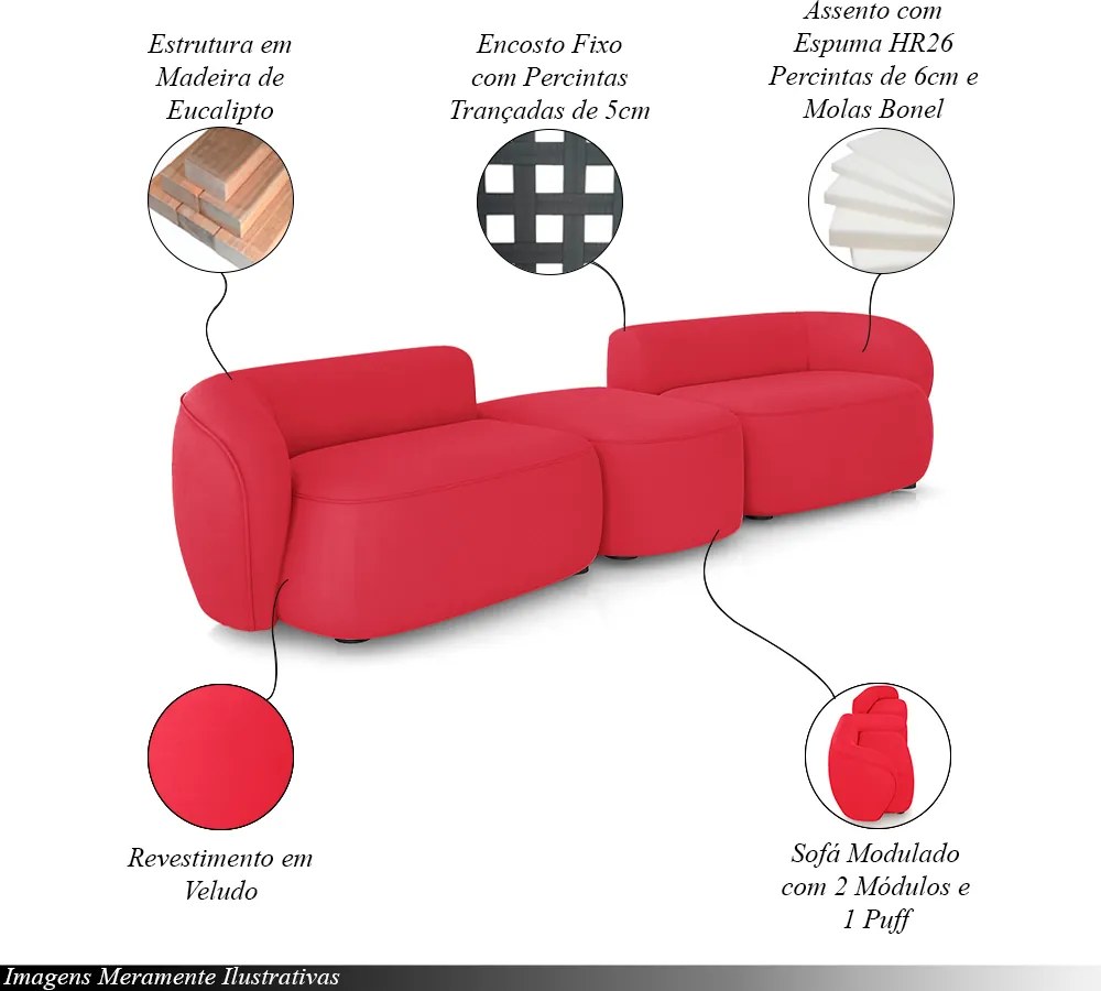 Sofá Versátil Sala de Estar Egito 302cm Modulado Veludo Vermelho G52 - Gran Belo