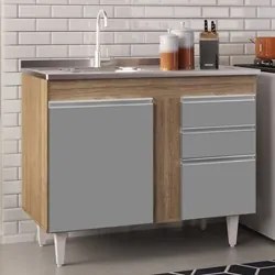 Balcão Gabinete Com Pia Inox 100cm 2 Portas 2 Gavetas Luziania Castanh