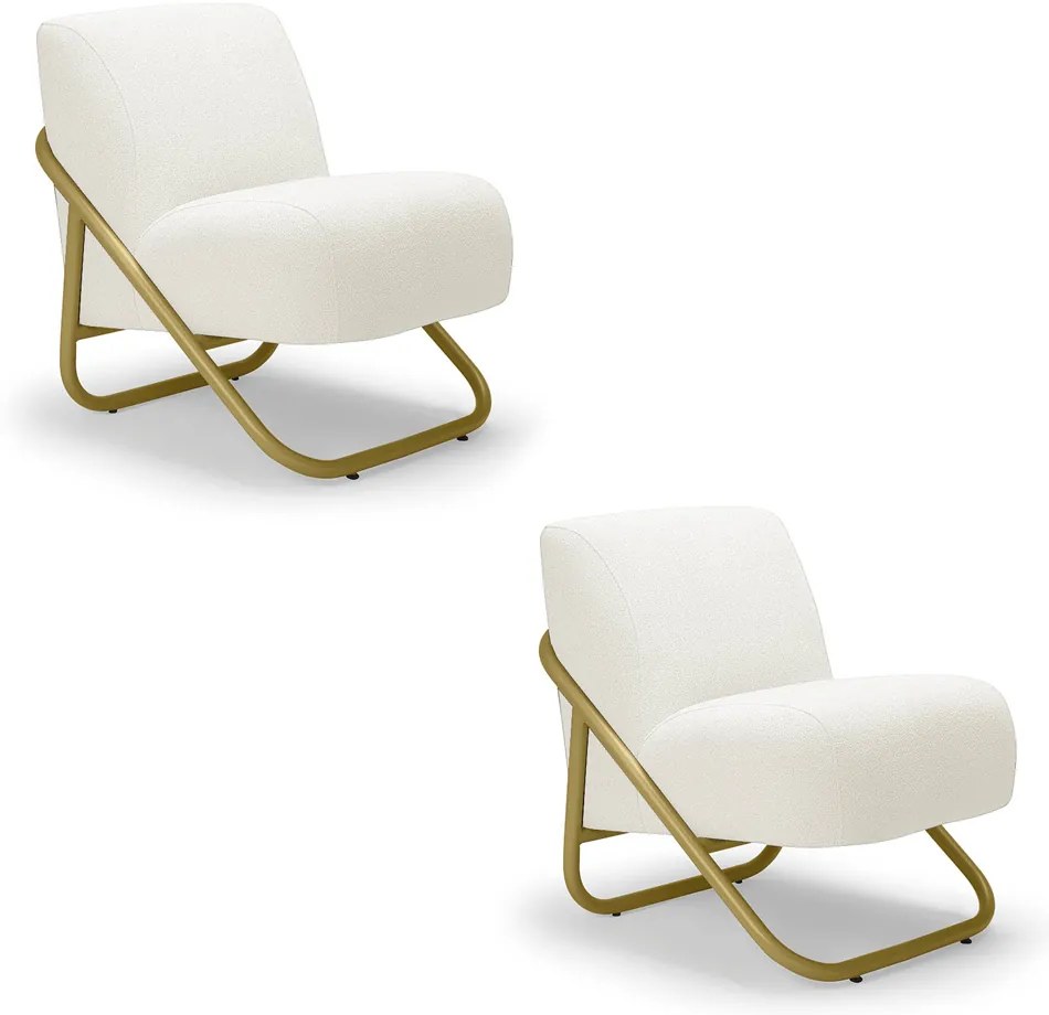 Poltrona Sala Estar Industrial Dourado Kit 2 Martina Bouclê Off White K01 - D'Rossi