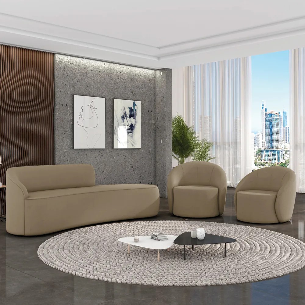 Sofá 4 Lugares Orgânico 220cm Morgan e 2 Poltronas Lua Suede Marrom Rato D03 - D'Rossi