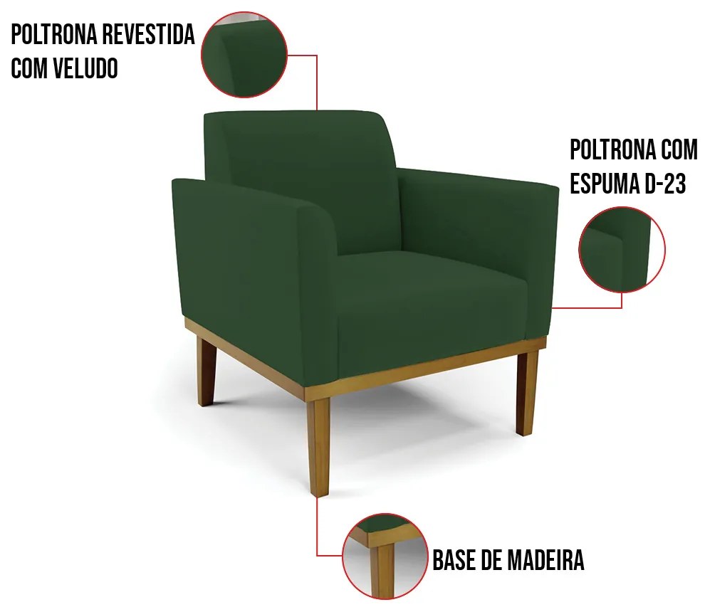 Poltrona Base de Madeira Fixa Castanho Marisa Veludo  D03 - D'Rossi - Verde