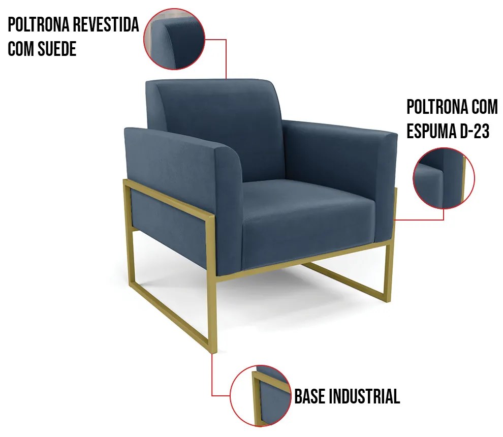 Poltrona Base Industrial Alta Dourado Marisa Suede D03 - D'Rossi - Azul Marinho