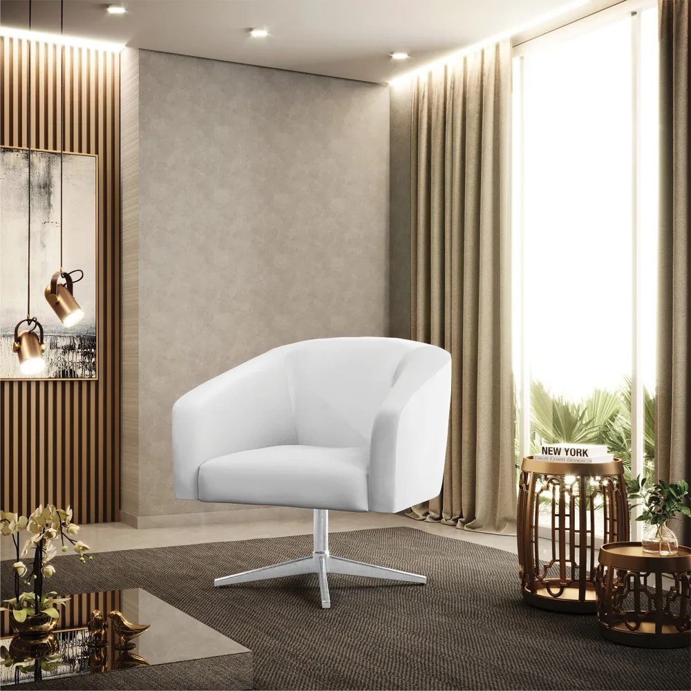 Poltrona Decorativa Giratória Cromada Kit 2 Stella Sintético Branco D03 - D'Rossi