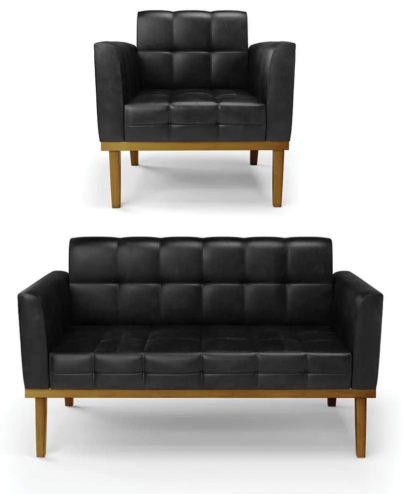 Conjunto Poltrona e Namoradeira Decorativas Karen Pés Fixo em Madeira Castanho PU Preto Brilho G19 - Gran Belo
