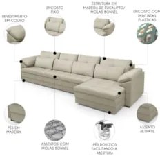 Sofá Retrátil 5 Lugares Para Sala 414cm Dijon Couro Creme S07 - Mpozen
