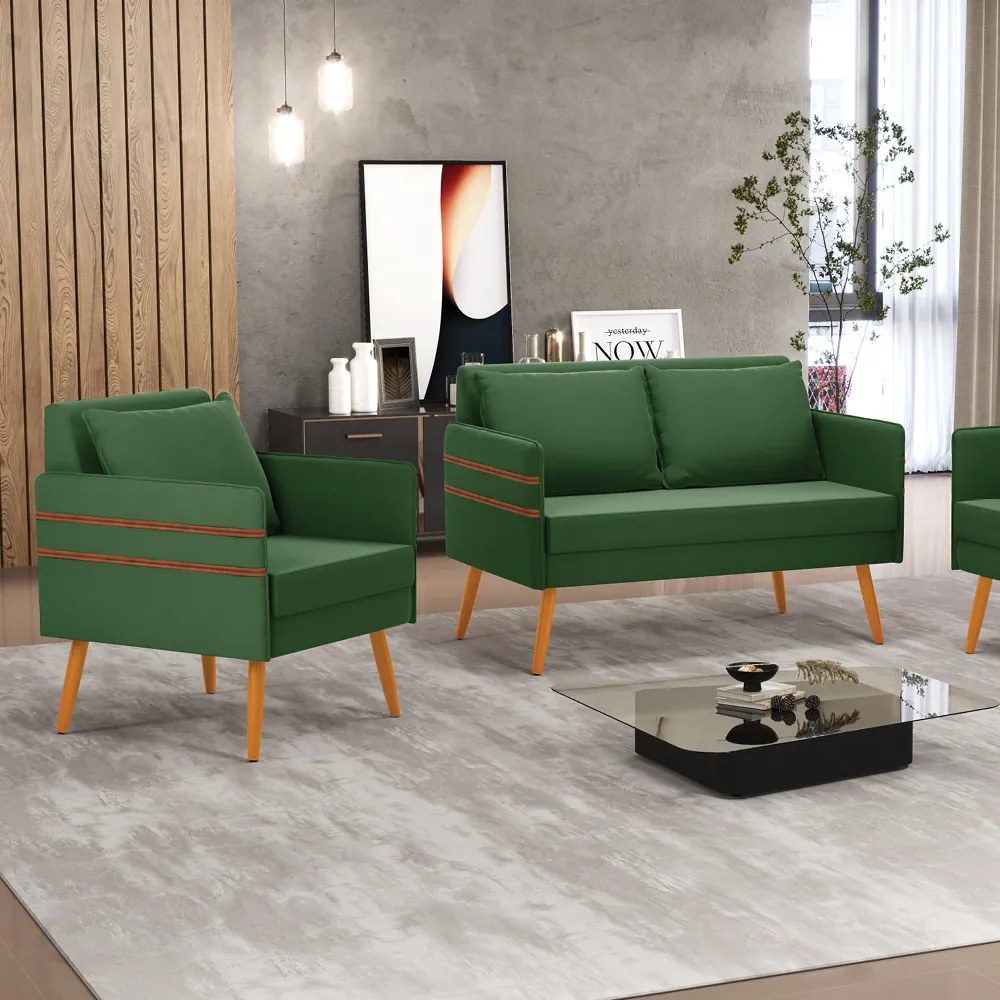 Kit 01 Namoradeira 02 Lugares e 01 Poltrona Mari Suede Pés Palito Castanho - D'Rossi - Verde