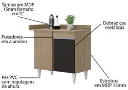 Balcão de Canto Reto com Tampo 1 Porta Denver Castanho/Preto - Lumil