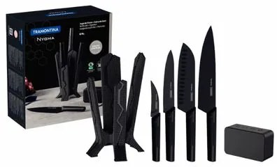 Jogo de Facas Tramontina Nygma com Lâmina em Aço Inox e Cabos de Polipropileno Preto com Suporte e Caixa de Som 06 Peças