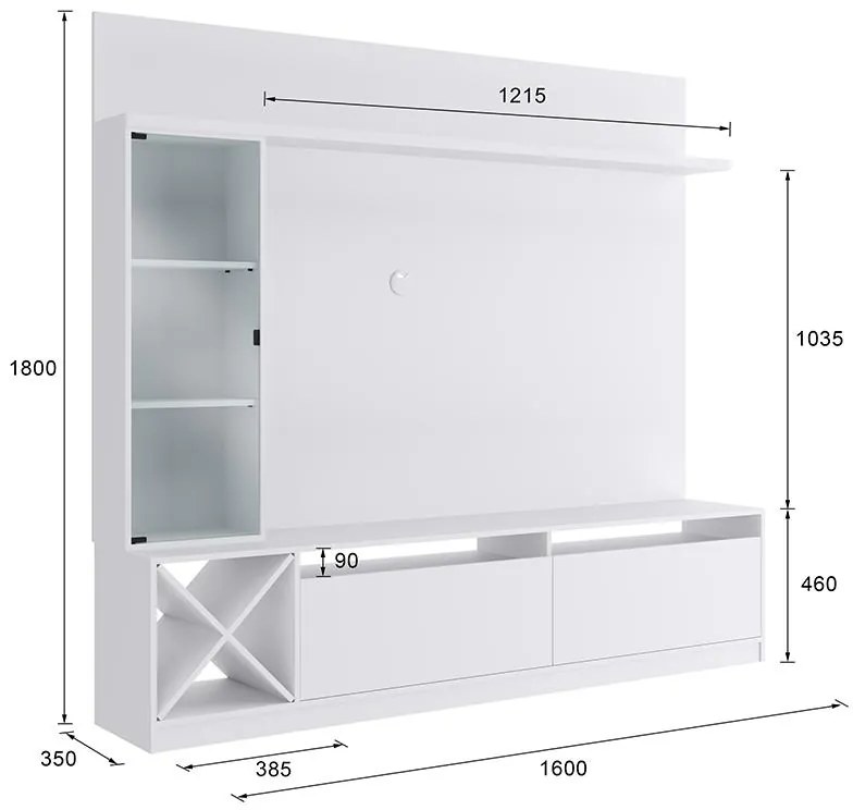 Painel Home Suspenso Sala Para Tv C/ Vidro E 7 Prateleiras - Branco