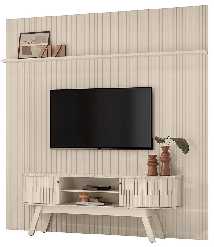 Painel TV 75 Pol 238cm Ripado Kalven com Rack Bancada Enzari Calacata/Off White M20 - D'Rossi