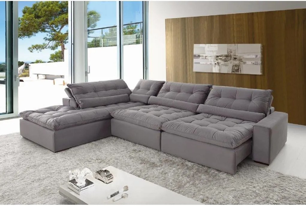 Sofá de Canto 10 Lugares Retrátil e Reclinável - Confortable Suede Bege
