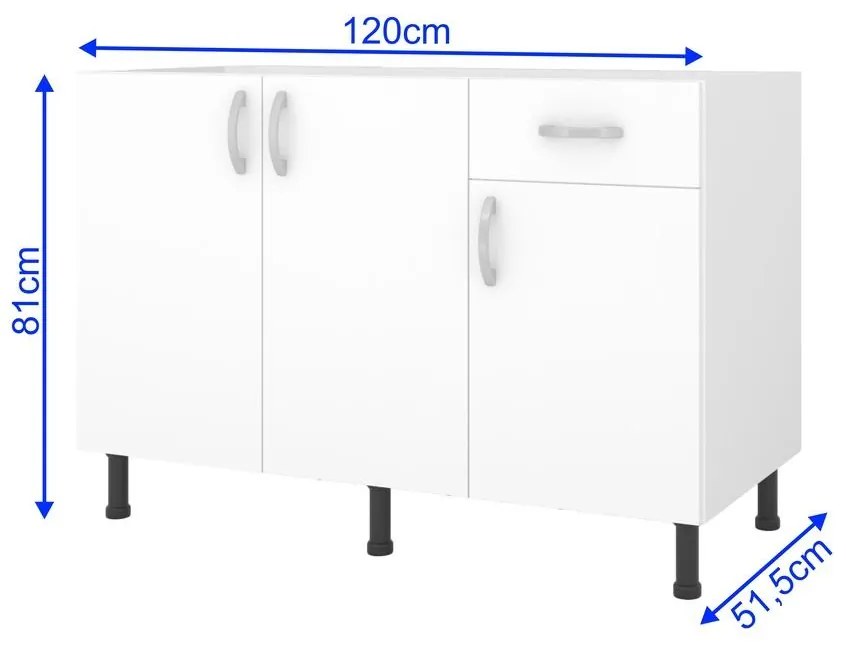 Balcão Viena Cozinha Para Pia 120cm 3 Portas 1 Gaveta Branco