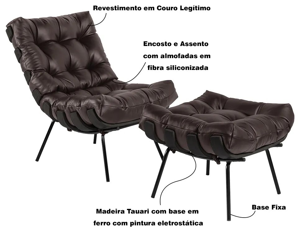 Poltrona e Puff Decorativos Sala de Estar Costela Base Preta Couro Marrom G34 - Gran Belo