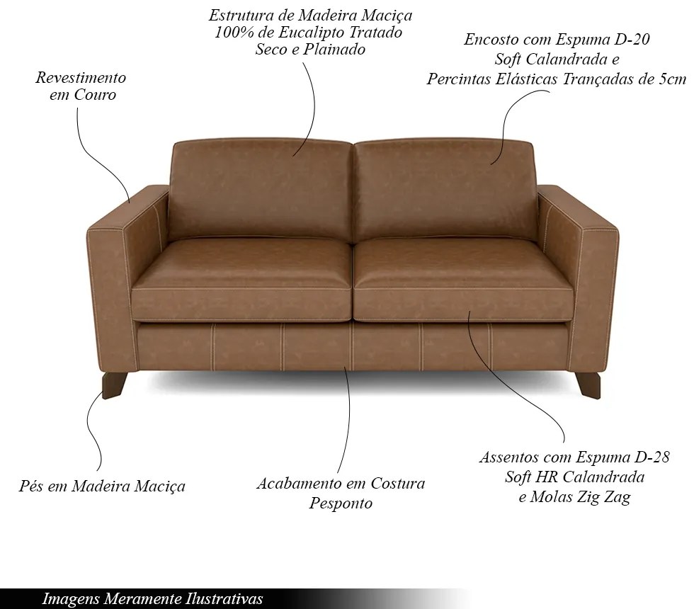 Sofá Sala de Estar Living 3 Lugares 200cm Presley Pés Madeira Couro Conhaque G52 - Gran Belo