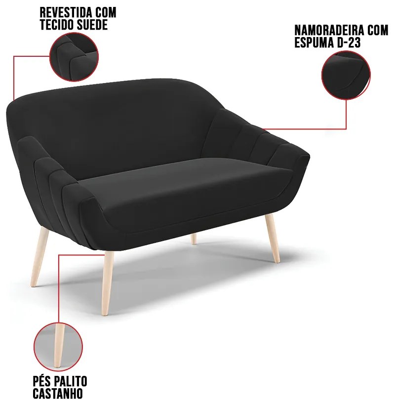 Kit 01 Namoradeira 02 Lugares e 01 Poltrona Giovana Suede Pés Palito Natural D01 - D'Rossi - Preto