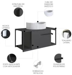 Gabinete Banheiro Suspenso 80cm Cuba Oval Ripy Grafite/Branco Z54 - Mp
