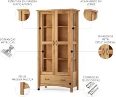 Cristaleira de Madeira 2 Portas e Gaveta Hazel Carvalho Z25 - Mpozenat