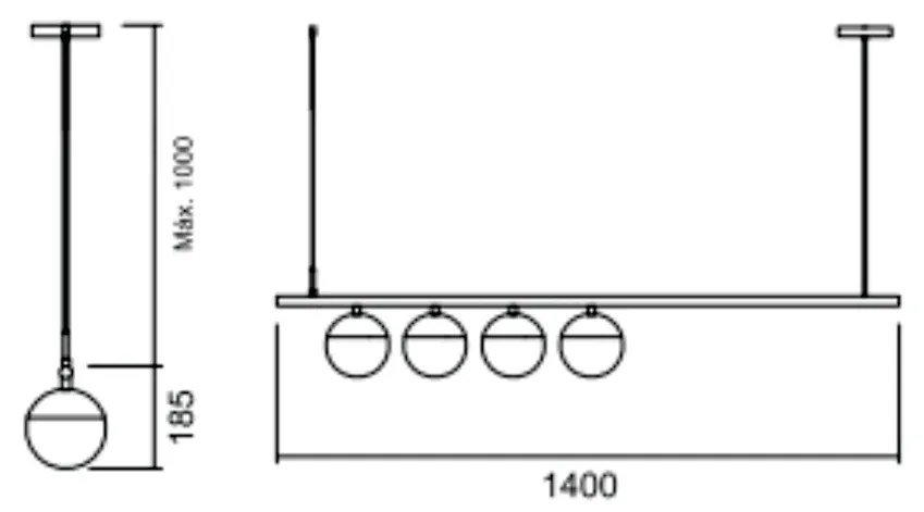 Pendente Snooker C/ 4 Globos Assimetricos 140Cm 4L E27 Mini Bulbo / Me... (PT / ESC-V - Preto Text + Escovado, FOSCO)