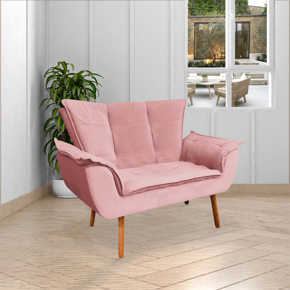 Conjunto Poltrona Puff e Namoradeira Pés Palito Charger Suede Rosê G19 - Gran Belo