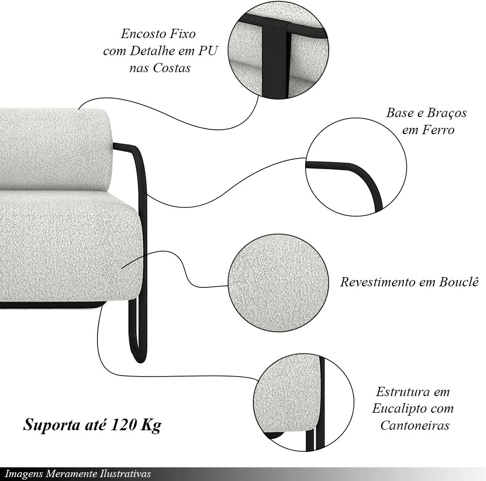 Poltrona Decorativa Sala de Estar Polatsk Base Industrial de Ferro Bouclê Cinza Claro G33 - Gran Belo