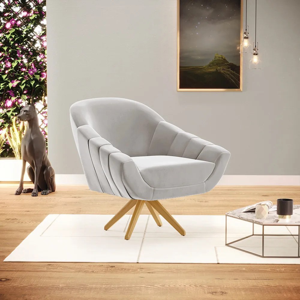 Kit 02 Poltronas Giratória Giovana Veludo Base Madeira MA30 - DRossi - Cinza