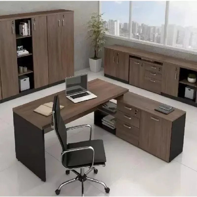 Mesa L Diretor Escritório 170x160 Marrom Preta C/ Tampo