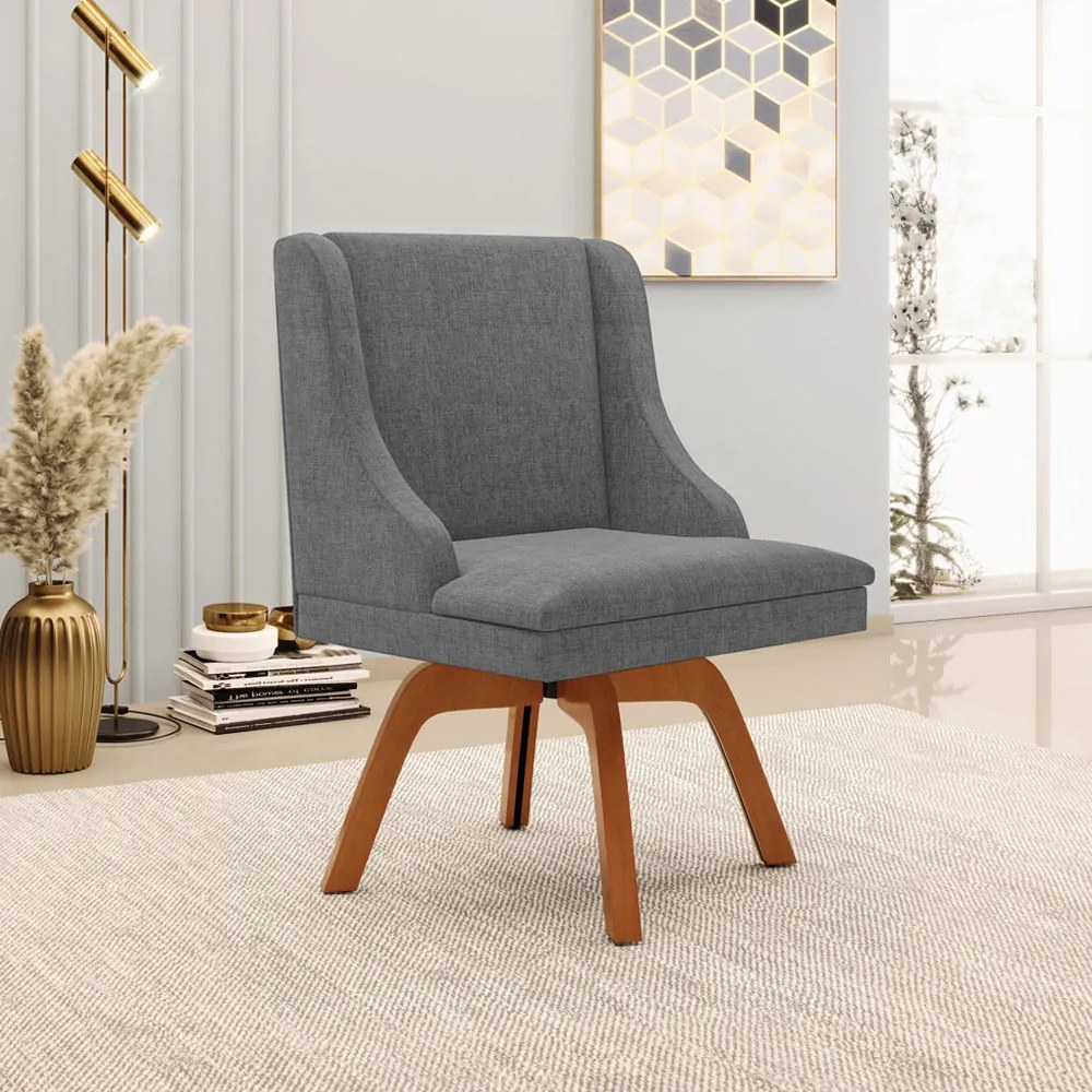 Poltrona Decorativa Base Giratória de Madeira Firenze Linho Grafite/Natural G19 - Gran Belo