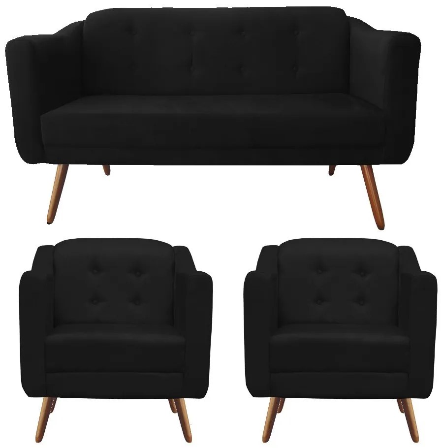 Kit Namoradeira + 2 Poltronas Bruna Pé Palito Suede Preto