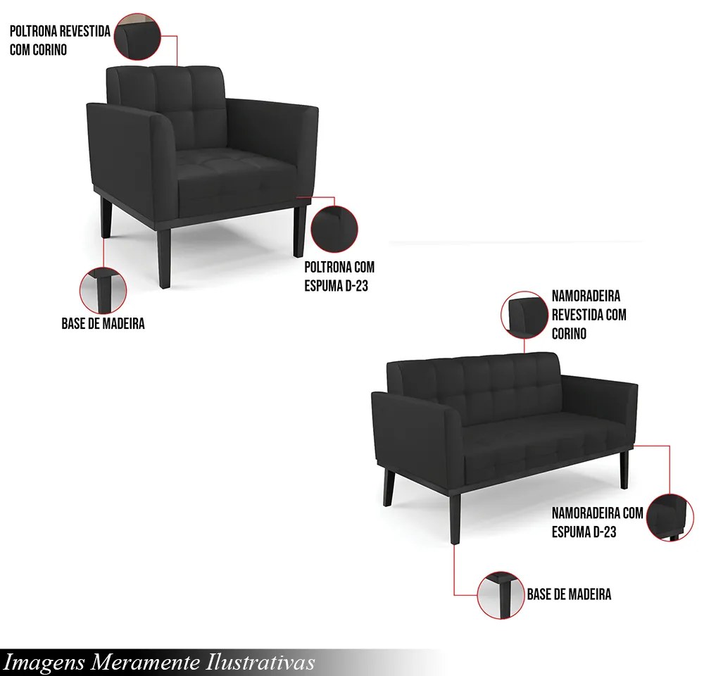 Conjunto Poltrona e Namoradeira Decorativa Karen Pés Fixo em Madeira Preto PU Preto G19 - Gran Belo