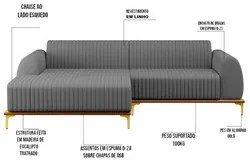 Sofá 255cm 4 Lugares com Chaise Esquerdo Pés Gold Molino C-416 Linho C