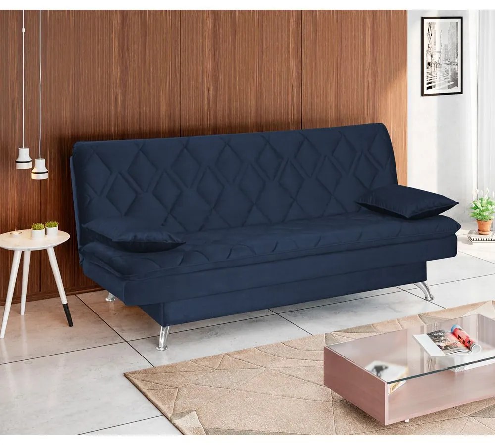 Sofá Cama Sala de Estar 193cm Belinda com Pés Alumínio Veludo Azul Marinho G45 - Gran Belo