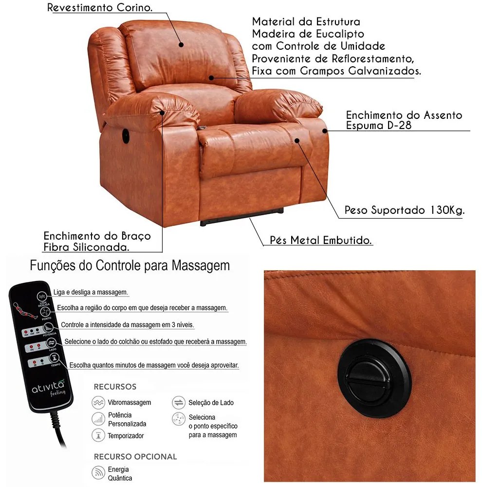 Poltrona do Papai Reclinável Elétrica com Massagem Magnum PU Sintético Caramelo G23 - Gran Belo