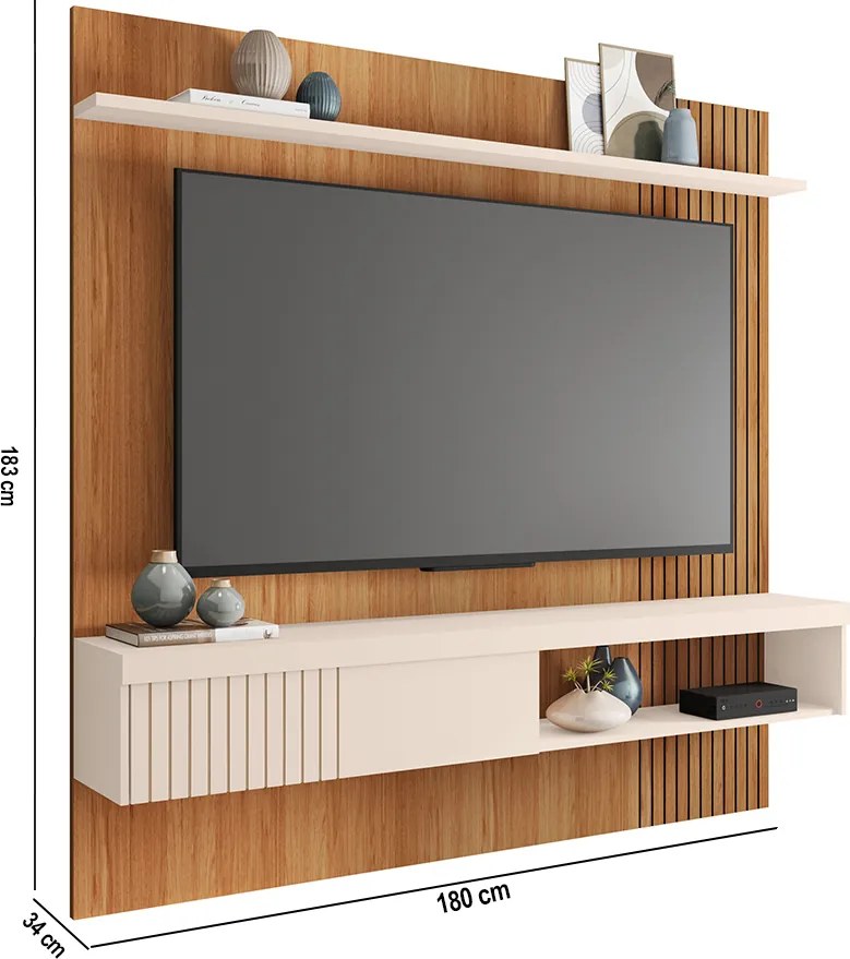 Painel TV 65 Pol 180cm Bancada Suspensa Ripado Luana C01 - D'Rossi - Freijó/Off White