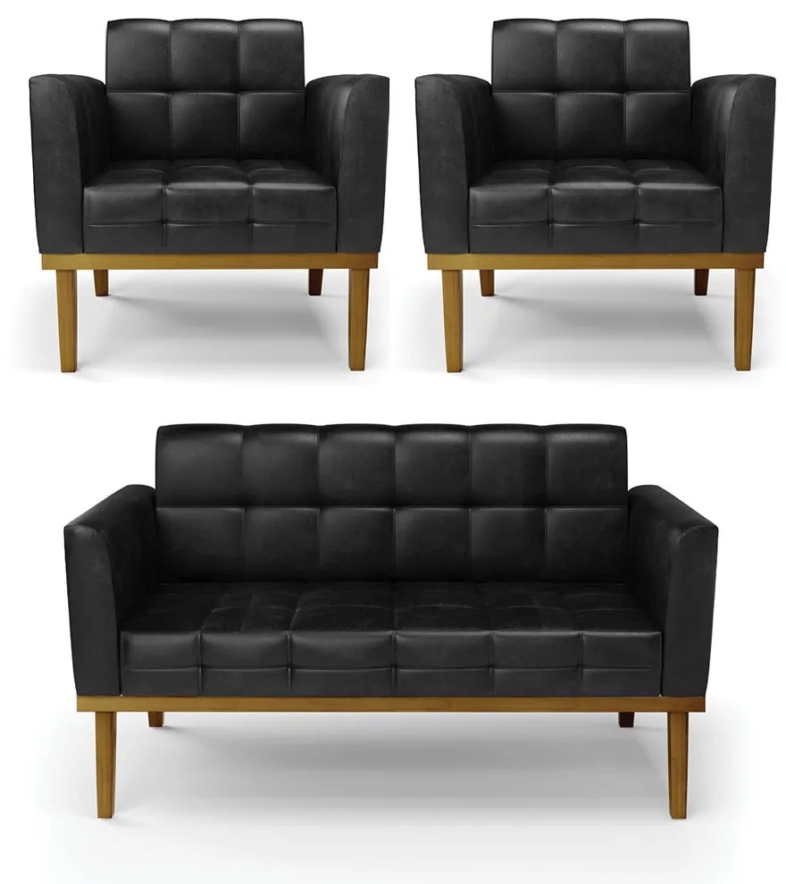 Conjunto 2 Poltronas e 1 Namoradeira Decorativa Karen Pés Fixo em Madeira Castanho PU Preto Brilho G19 - Gran Belo