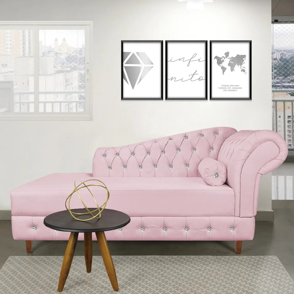 Divã Chesterfield 165 cm Capitonado com Strass Suede Rosa Bebê - D'Rossi