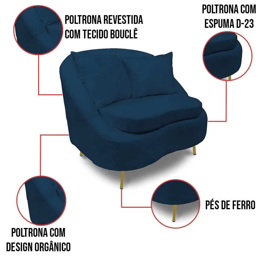 Poltrona Decorativa Orgânica Pé Ferro Dourado Kit 2 Zaya Bouclê C05 - D'Rossi - Azul
